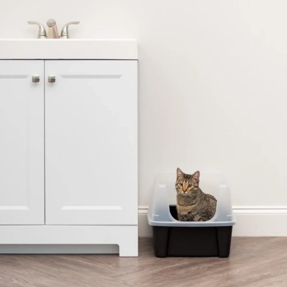 Open-Top Cat Litter Box with Shield and Scoop, Black